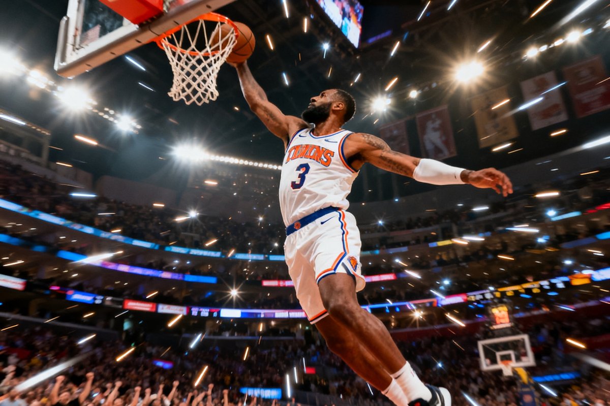一张捕捉NBA球星在比赛中完成高难度战斧扣篮的瞬间照片，球馆灯光璀璨，观众席爆发出热烈欢呼，画面充满力量感与速度感